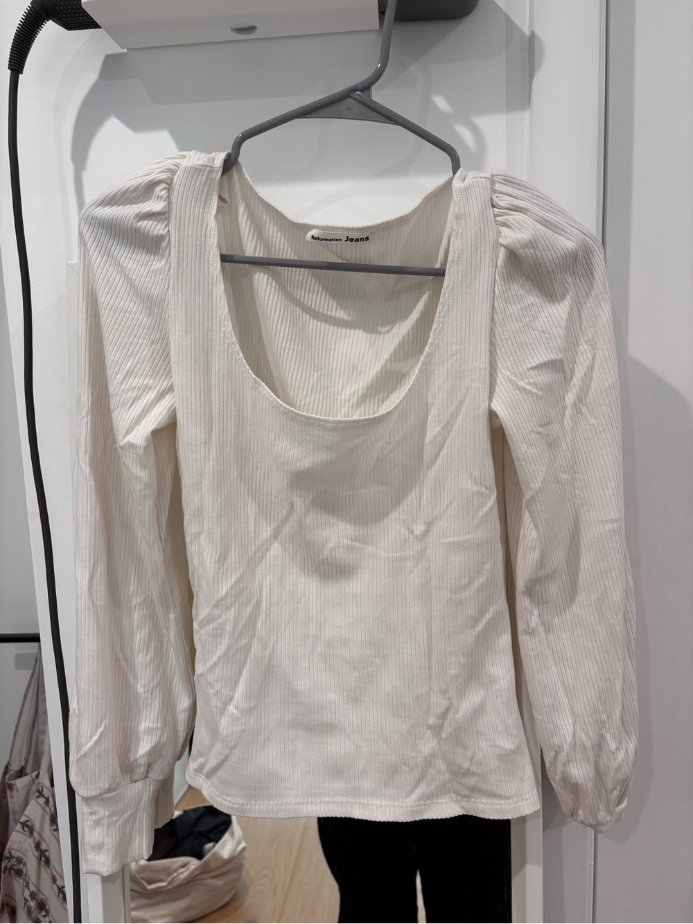 Reformation Off-White Ribbed Scoop Neck Long Sleeve Top